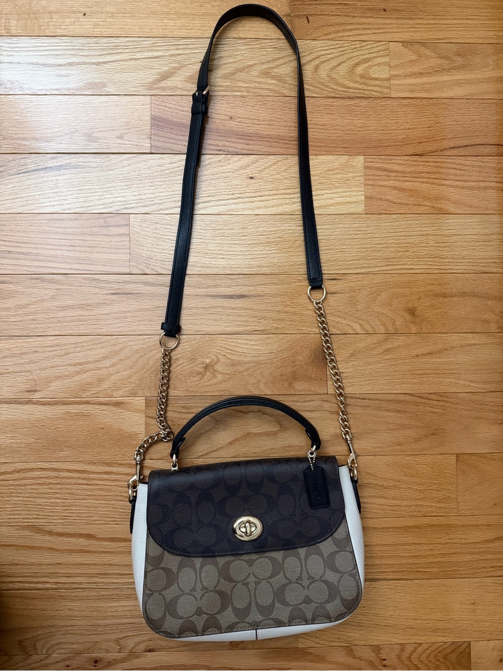 Coach Brown Signature Crossbody with Cream Panels and Gold Hardware